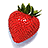 Pixelated strawberry image with green leaves on white background, paired with red text phrases on bright green and gray backgrounds.