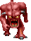 Pixelated red demon with glowing yellow eyes, sharp teeth, and metallic shoulder pads in six distinct poses against a gray background.