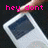 A white iPod with a dark screen is held by fingers, accompanied by pink text reading "hey dont touch my ipod!!!"