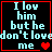 Four identical display light blue text on black background with red borders, each containing the phrase "I lov him buthe don't loved me" and heart symbols that change across frames