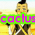 Pixelated character with mohawk hairstyle holding text overlays in green and purple on a yellow background.