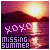 Pixelated sunset over water with purple text 'YOYO' and black box containing 'missing summer' in light purple letters.