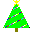 Pixelated green Christmas tree with yellow star top, decorated with diagonal multicolored lights on gray background.