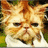 Pixelated close-up of a light brown cat with closed eyes, white muzzle, and orange-brown fur patches on head and ears against blurred green background.
