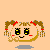 Pixelated cartoon character with brown pigtails and red hair ties, yellow eyes, and a smiling mouth, shown in four animated states with changing facial expressions and floating red musical notes.