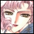 Pixelated anime-style character with pink hair and brown eyes, next to stylized text on a black background.