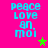 Pixelated text 'peace love an moi' in cyan on bright pink background with green and brown stars.