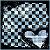 Pixelated abstract pattern with light blue, white, and dark gray squares on a black background, forming irregular shapes and a faint curved form.