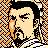 Pixelated 48x48 static icon featuring a stylized male face with black hair, mustache, and beard against an orange-and-black checkered background.