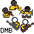 Pixelated character in yellow and brown outfit with dark hair, shown in multiple poses including trumpet playing, drumming, and guitar playing, with 'DMB' text below.