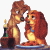 Two cartoon dogs in a pixelated style, one wearing a brown hat and holding a candle, the other with long ears and a blue collar, facing each other closely.