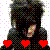 Pixelated icon of a dark-haired figure with red hearts at the bottom, set against a white background with scattered colored dots.