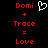 Red pixelated text and symbols on black background with white heart icon above 'Domi' in left