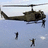 A pixelated helicopter in mid-flight against a light blue sky, with two small dark figures below it.