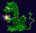Green dragon with spiky scales, large eyes, and a curved tail holds glowing orbs that change color across frames.