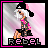Pixel art animation of a cartoon character with white hair and black hat sitting in pink-and-gray striped background, labeled "REBEL" at bottom.
