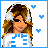 Pixelated image of a woman with brown hair wearing white headphones and a white top with blue stripes, surrounded by three small blue hearts.