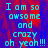 Pixelated cyan text on red and blue gradient background reads "I am so awesome and crazy oh yeah!!!" in two identical vertical sections.