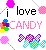 Pixelated animation of 'i love CANDY' text with candy icons, featuring color variations in the word 'CANDY' and background elements across frames.