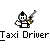 Pixel art taxi driver character with sword, repeated across with changing speech bubbles and text labels