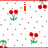 Pixelated cherry-themed pattern with red fruit, green leaves, and gray stems on white background with brown speckles, featuring orange text elements.