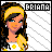Pixel art buddy icon of a cartoon woman with long dark hair, yellow headband, and flame-like object, next to the name 'BRIANA' in blocky text on a white background with gray diagonal lines.