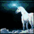 A white horse with a glowing blue horn stands on rocky terrain under a dark sky.