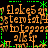 A static digital image displays repeating orange text and green symbols on a black background with pixelated artifacts.