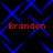 Four identical red 'Brandon' text labels arranged in a over a black background with blue diamond-shaped line patterns