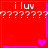 Red square icon with purple border displaying 'i luv' text and question marks, featuring animated heart symbols in four positions.