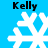 Four white snowflake icons on a blue background with "Kelly" text above each, showing animation variations in snowflake shape and pixel clarity.
