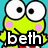 Pixelated green frog with large white eyes and pink cheeks appears in four with text overlays reading 'beth', 'loves', 'frogs', and a blank space