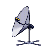 A satellite dish with a yellow and black feed horn on a four-legged base, shown in three states with blue signal waves appearing on the left side of the dish.