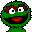 Pixelated green cartoon character with red eyebrows, white eyes with black pupils, and a red mouth against gray background.