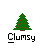 Animated sequence showing a green Christmas tree with red dots and yellow figure throwing snowballs, each frame labeled 'Clumsy' below.