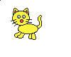 Two pixelated yellow cat frames on gray background showing walking motion with open mouth and raised tail.