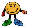A 6-frame animated contact sheet of a yellow smiley face character with black limbs, red hands, green shoes on left foot and blue shoes on right foot, waving in alternating frames against gray background.