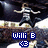 Pixelated character in dark outfit with arms outstretched against rocky background, text overlays change between frames.