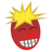 Red rounded face with closed eyes and wide toothy grin, topped with spiky yellow hair against gray background.