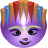 Pixelated circular icon with purple face, green eyebrows, black eyes, and a smiling mouth, topped with brown hair featuring red and blue streaks.