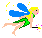 Pixelated fairy avatar with blue wings, green dress, and yellow hair, shown in two sequential poses with sparkles and a wand.