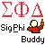 Red Greek symbols Σ, Φ, Δ sit above a gray bar with "SigPhi" text and a pixelated character holding a bottle beneath "Buddy" text.
