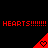 Red pixelated text and heart-shaped icons on a black background, with repeated 'HEARTS!!!!!!' phrases above two of triangular red shapes containing hearts