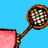 Animated sequence of a tennis racket hitting a yellow ball against a blue background, with pink and black elements.
