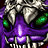 Pixelated cartoon skull with glowing green eyes and purple accents on a dark background, featuring metallic teeth and jagged edges.