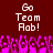 Two identical pixelated text displays reading 'Go Team Aob!' above a pink crowd of raised hands on dark red background.