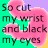 Pixelated image with green and purple background, pink cloud-like shape, and dark green text reading "So cut my wrist and black my eyes".