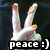 A hand making a peace sign with two fingers, showing slight variations in finger positioning across frames, with text below reading "peace :)".