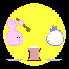 Animated sequence of two cartoon characters interacting with a mortar and pestle on a yellow circular background.