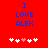 Red background with blue text "I LOVE ALEX" and five white/pink heart icons below, where the third heart changes from pink to white between frames.